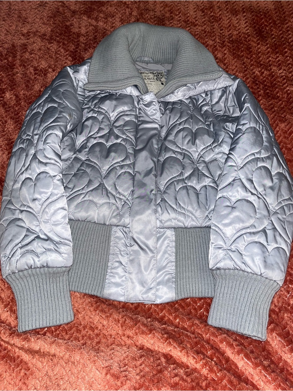Old Navy Silver Quilted Heart Bomber Jacket. Size M juniors.